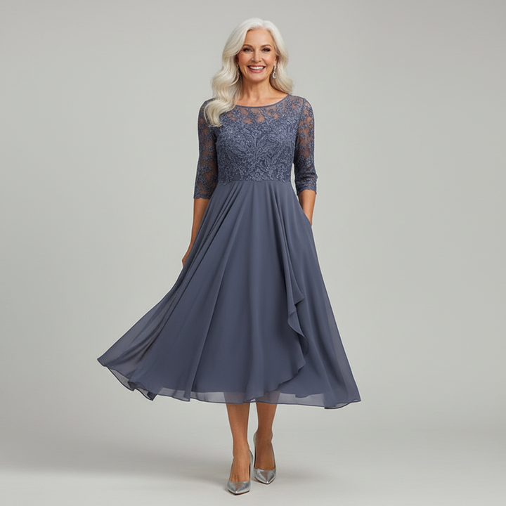 Sophisticated women's lace bodice midi dress with modest 3/4 sleeves, perfect for elegant evening occasions.
