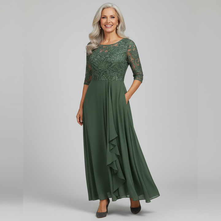 Women's elegant lace bodice midi dress, 3/4 sleeves. Ideal for formal parties, wedding guests, and evening wear.