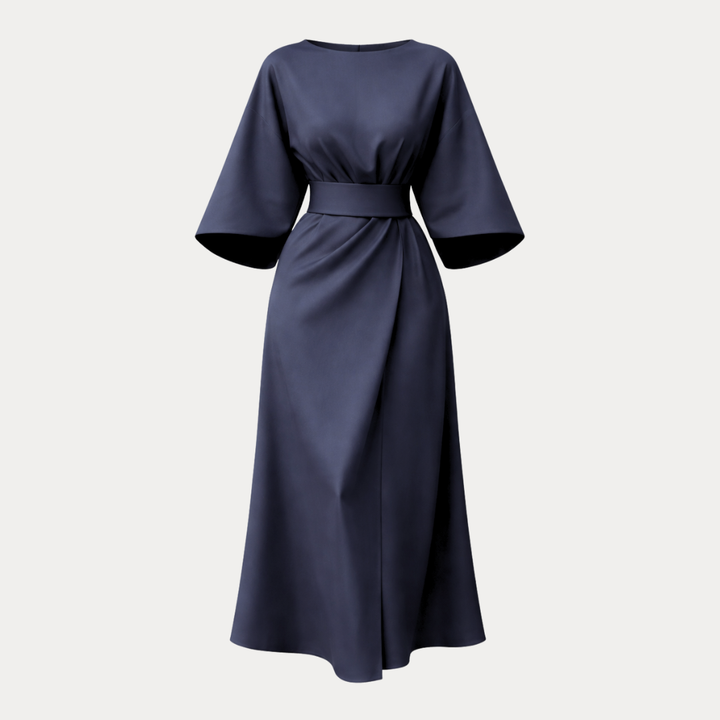 Women's elegant midi wrap dress, belted, with wide sleeves, versatile for formal or casual wear.