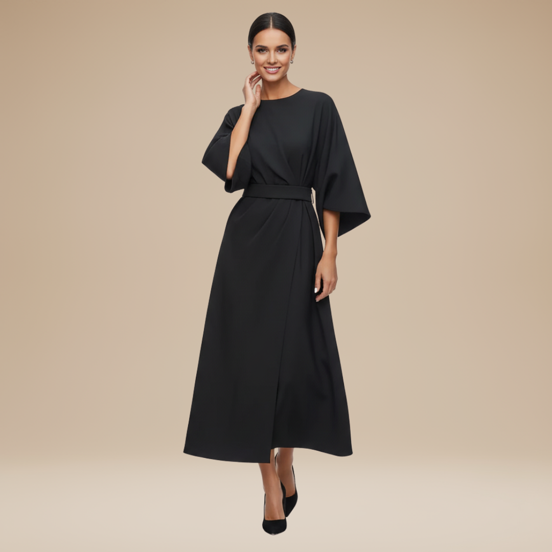 Women's casual midi wrap dress, belted design, flowy silhouette, comfortable and stylish attire.