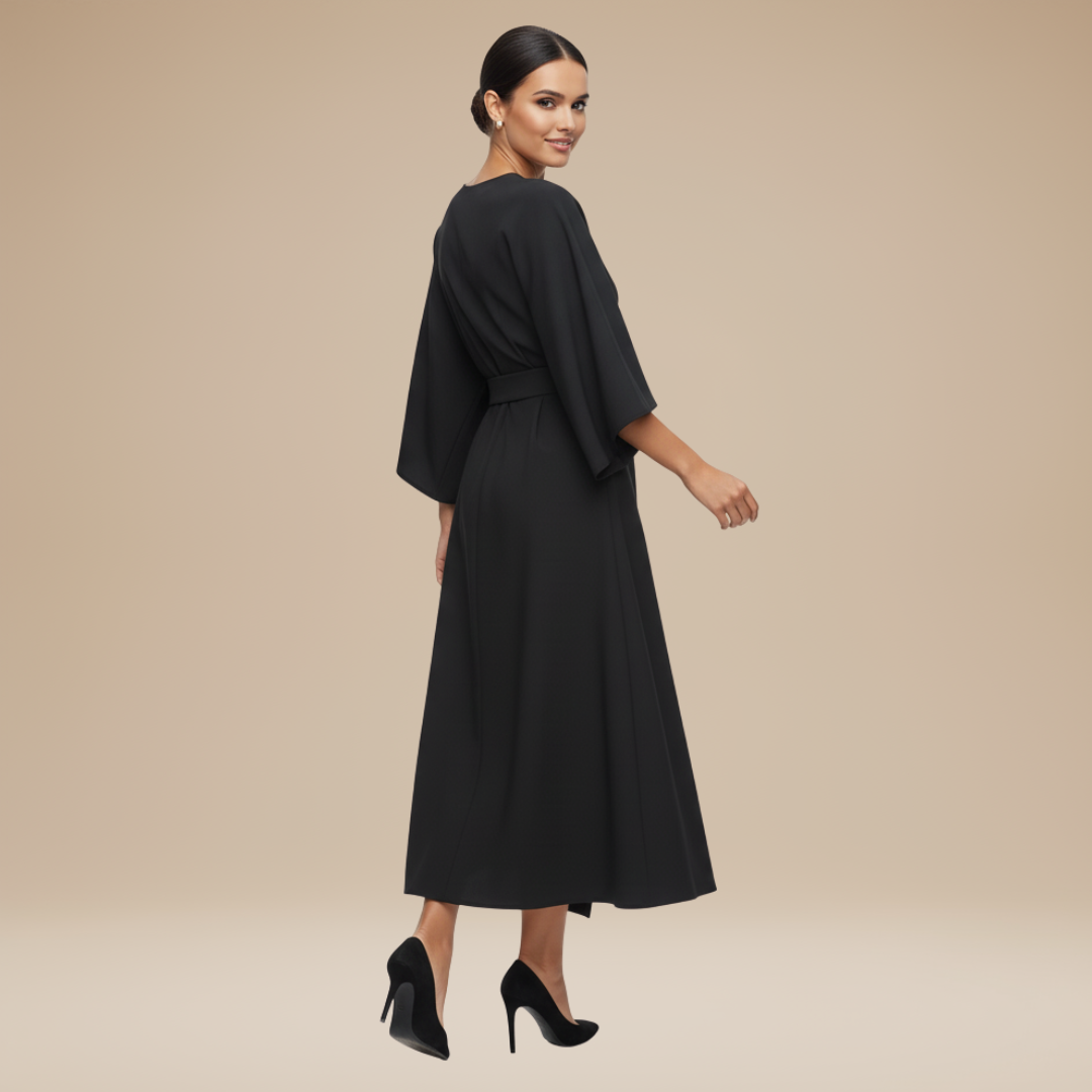 Formal women's belted midi wrap dress with wide sleeves, a sophisticated option for any event.