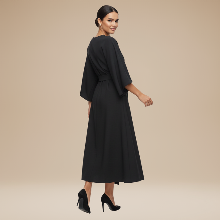 Formal women's belted midi wrap dress with wide sleeves, a sophisticated option for any event.