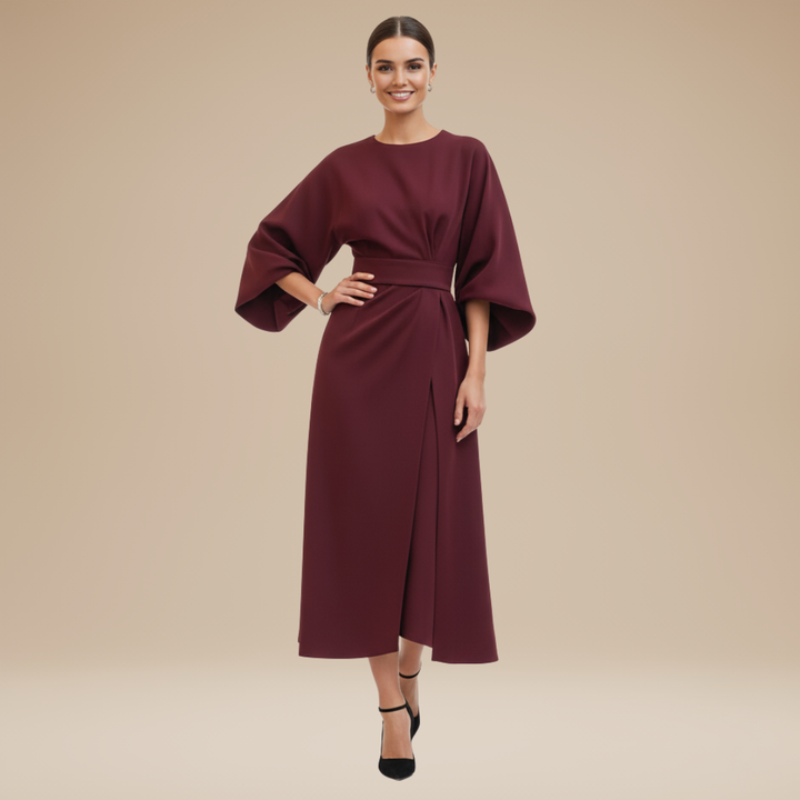 Women's flowy workwear midi dress, elegant belted wrap style, perfect for the office or business casual.