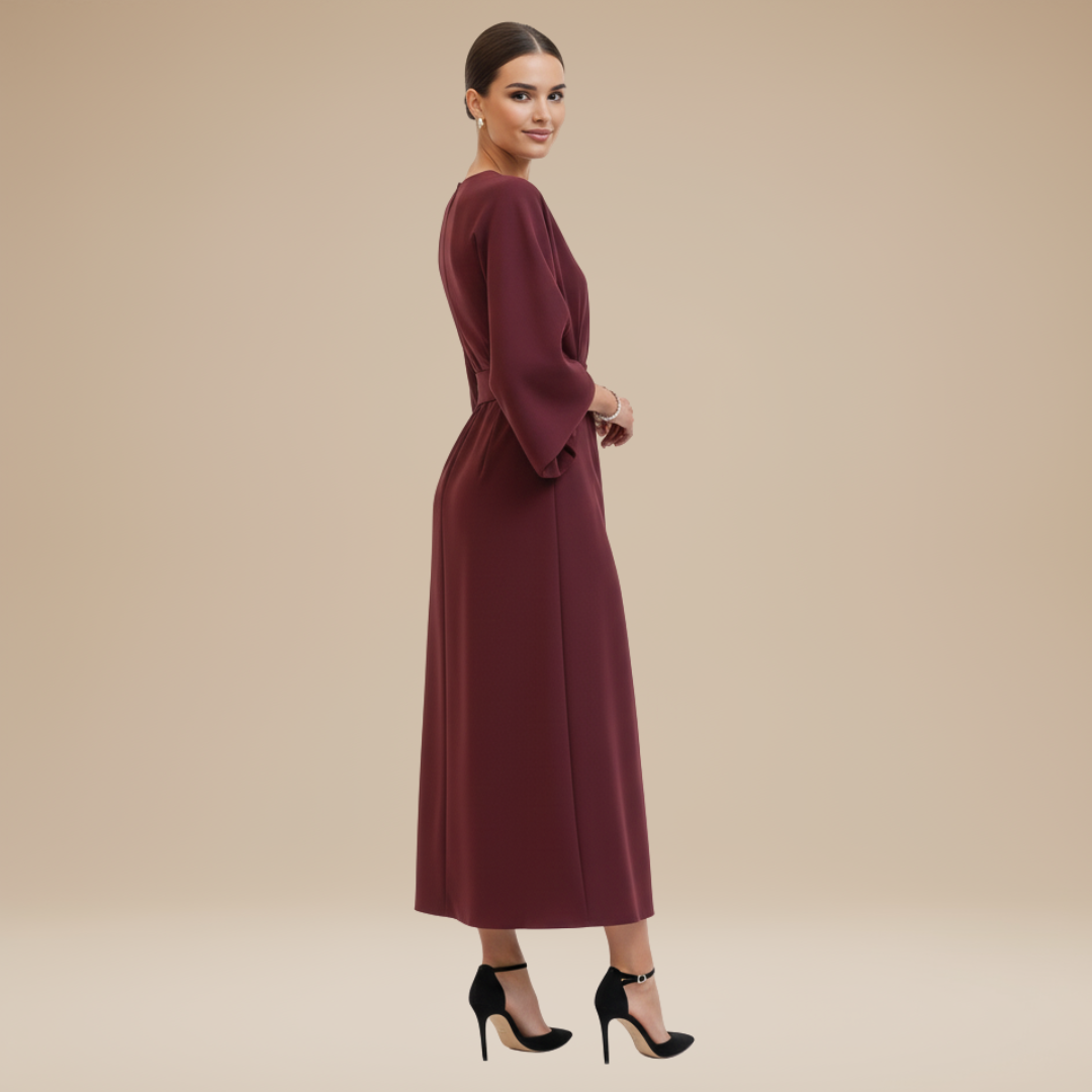 Elegant women's midi dress, wide sleeves, belted wrap, versatile for both formal and casual settings.