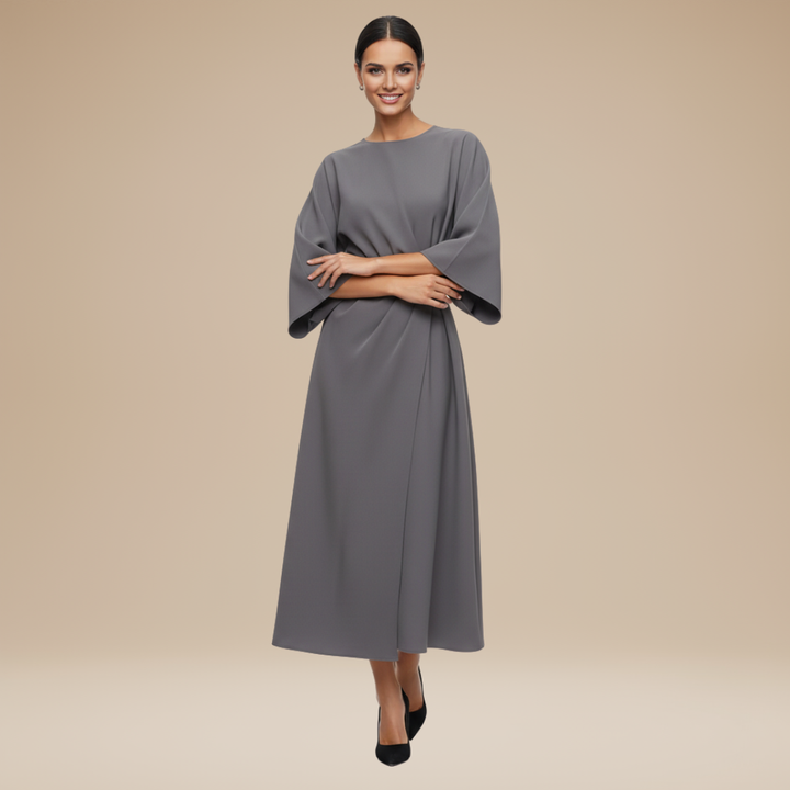 Women's occasion wear midi wrap dress, elegant and flowy with a flattering belted waist design.