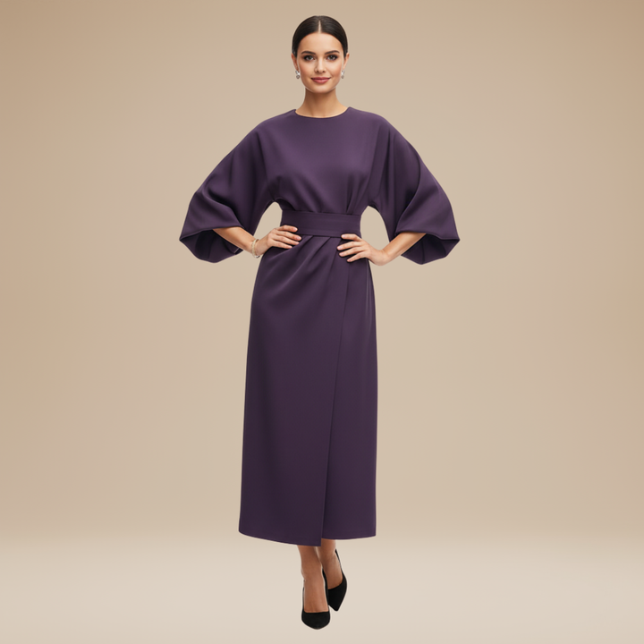 Women's elegant midi wrap dress, flowy & belted, perfect for formal events or versatile everyday wear.