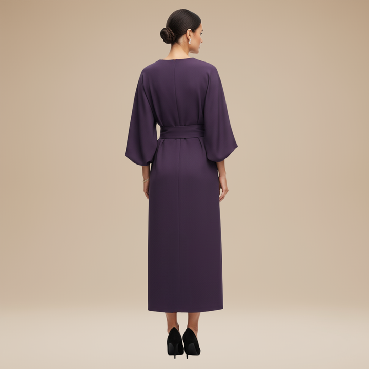 Classic women's belted midi wrap dress, elegant design, wide sleeves, suitable for many body types.