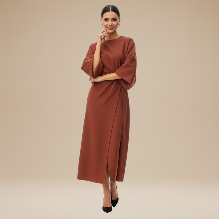 Women's comfortable and elegant midi wrap dress, featuring a tie belt and flowy wide sleeves.