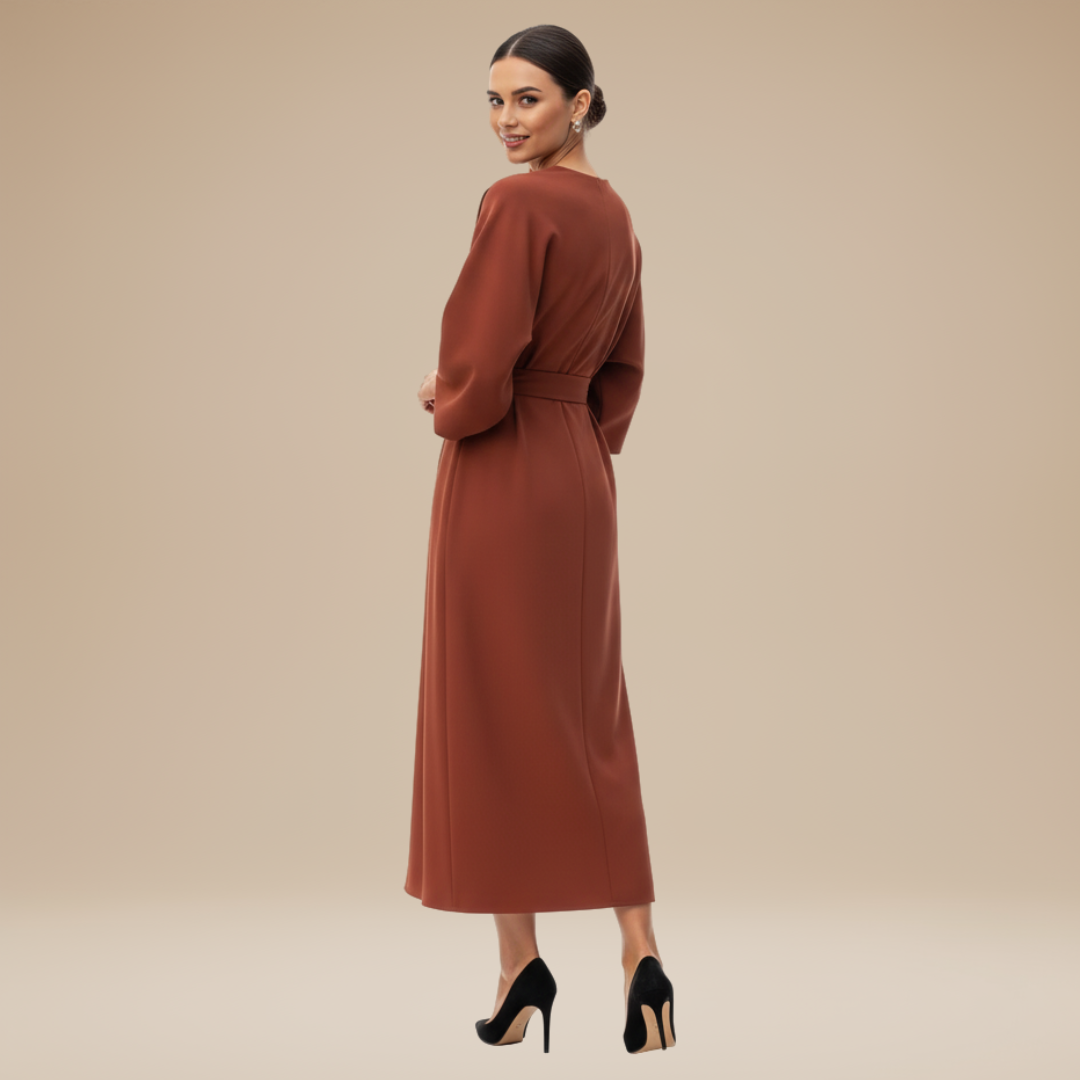 Modern women's midi wrap dress, belted for a flattering fit, versatile for various elegant occasions.