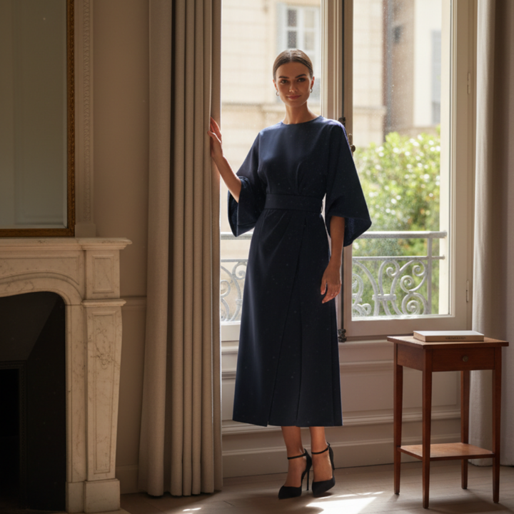Flowy women's belted midi wrap dress, perfect for workwear, occasions, or chic everyday style.