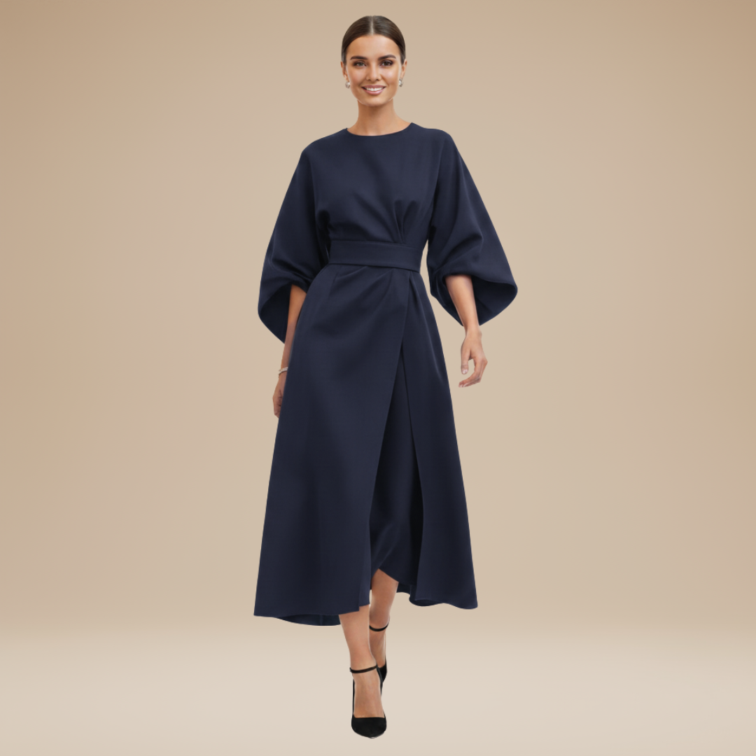 Elegant women's versatile midi wrap dress with a flattering tie belt and wide, comfortable sleeves.