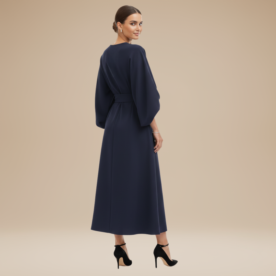 Women's formal midi wrap dress, belted waist, flowy silhouette, ideal for special events or office.