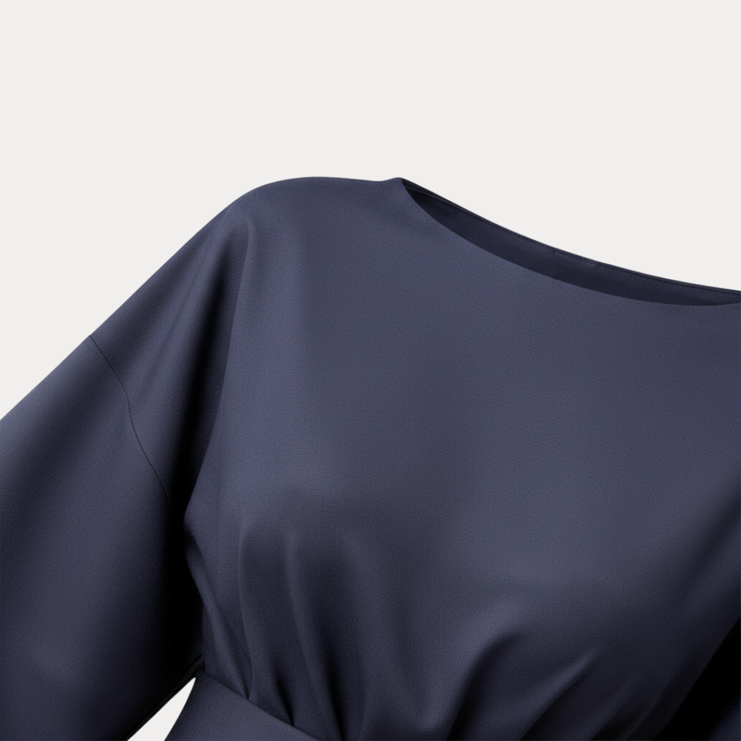 Stylish women's workwear midi dress, elegant belted wrap design, comfortable wide sleeves.