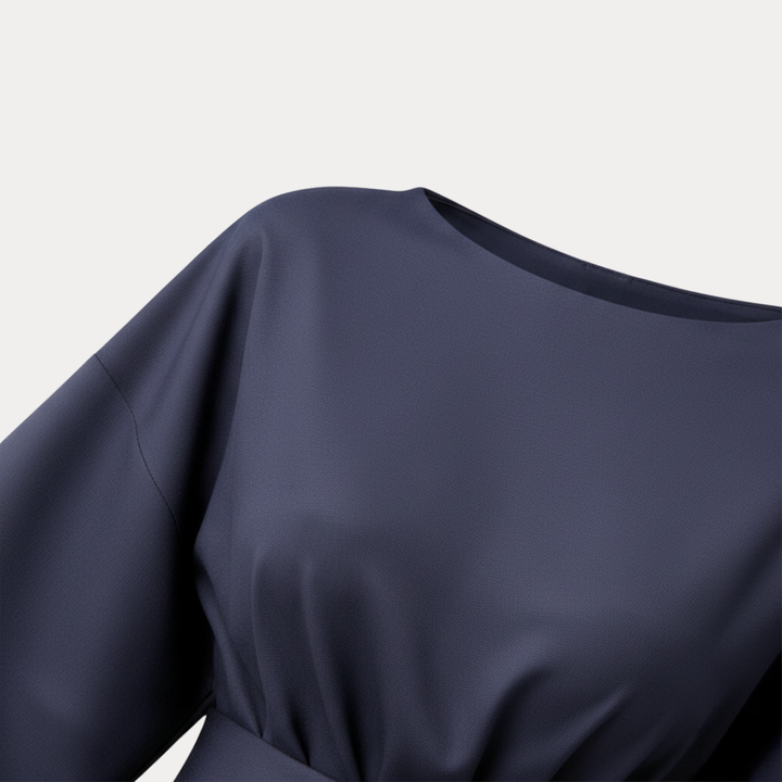 Stylish women's workwear midi dress, elegant belted wrap design, comfortable wide sleeves.