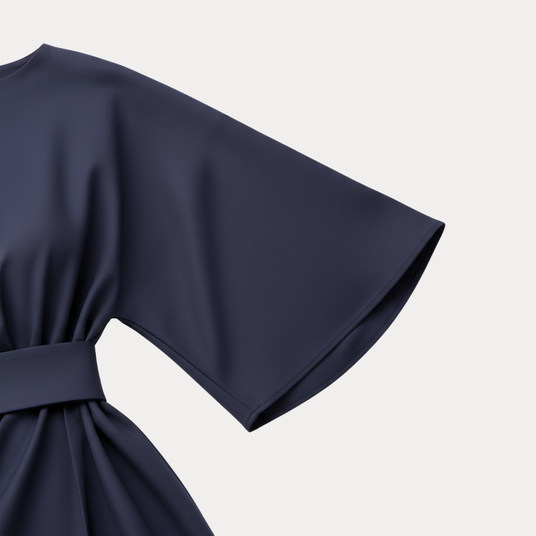 Casual yet elegant women's midi wrap dress, belted, flowy fabric, perfect for day to night looks.