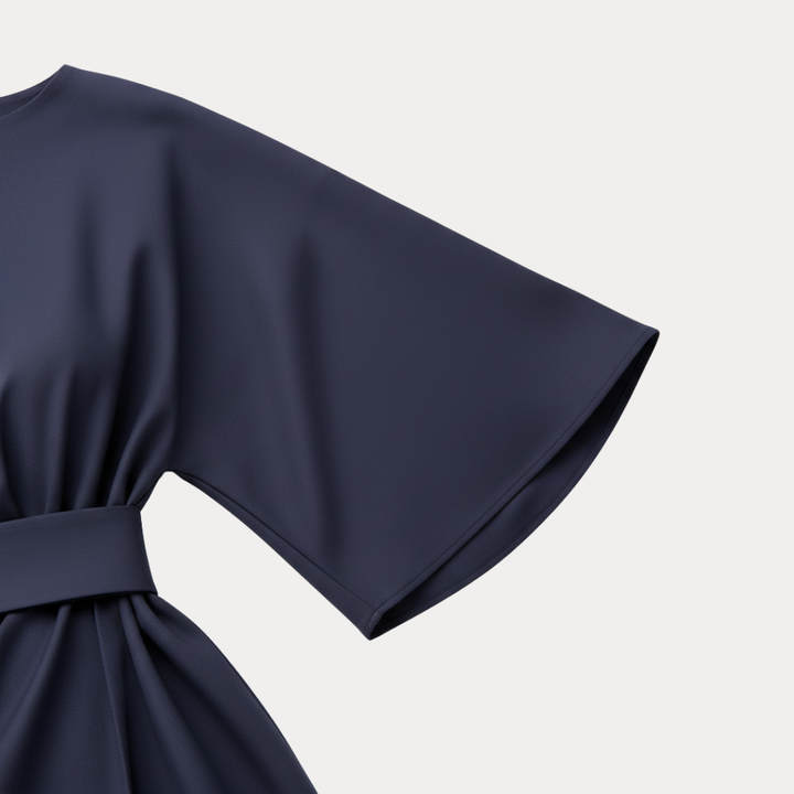 Casual yet elegant women's midi wrap dress, belted, flowy fabric, perfect for day to night looks.