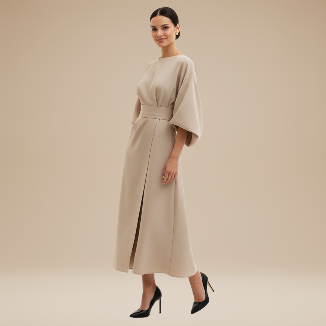Versatile women's belted midi wrap dress, flowy fabric, great for work, parties, or casual outings.