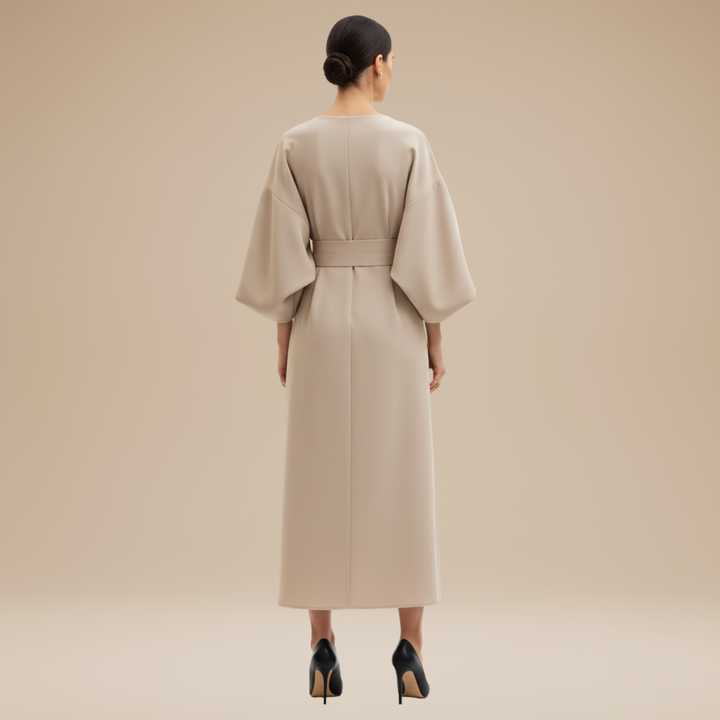 Elegant women's wide sleeve midi wrap dress with a tie belt, ideal for work or special occasions.