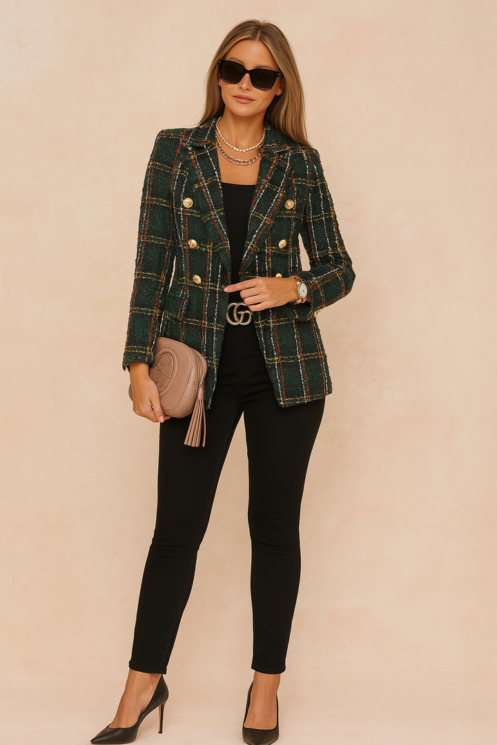 Women's elegant plaid blazer jacket, perfect for versatile stylish outfits. Classic checked pattern.