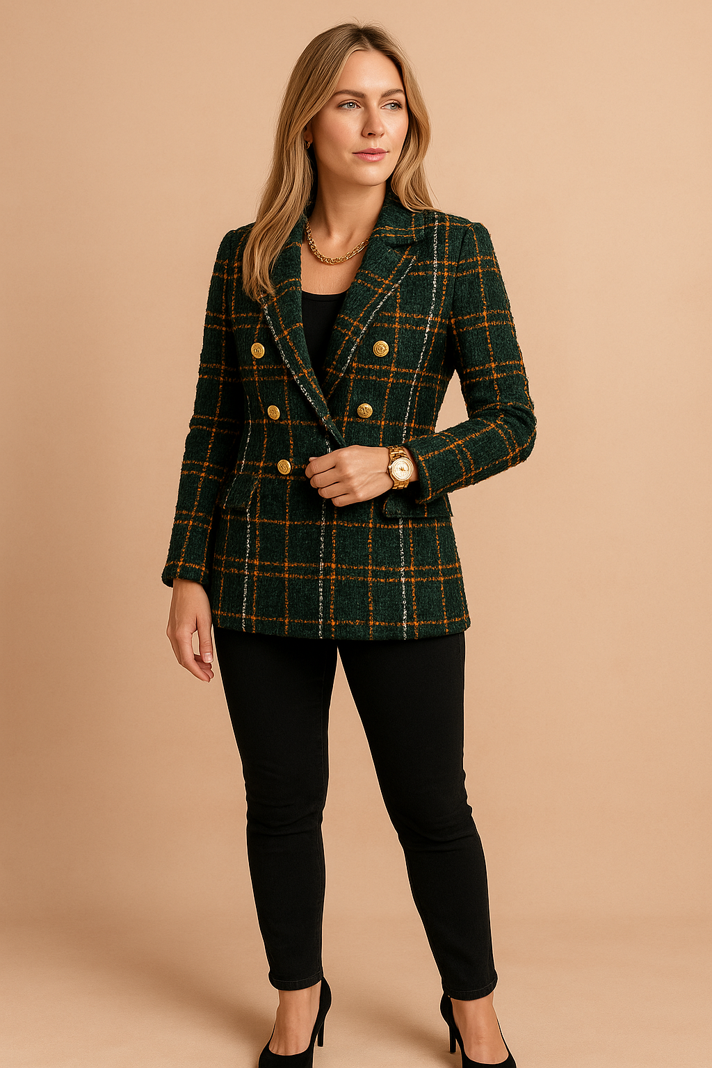 Stylish women's plaid blazer for office wear. Elegant checked jacket, ideal for formal business attire.
