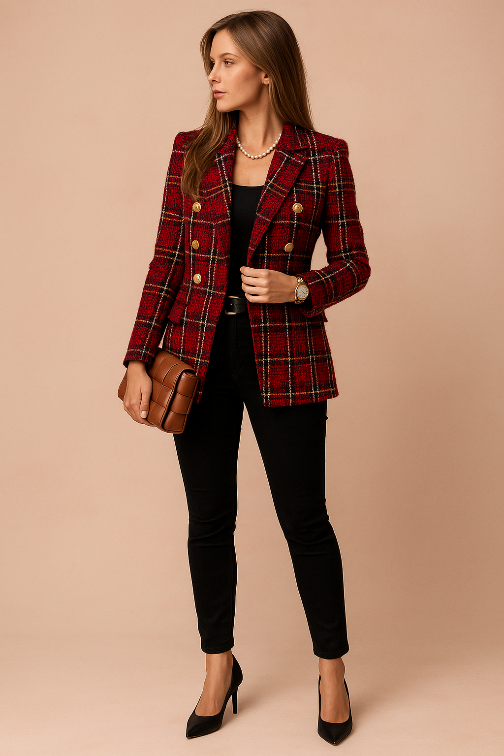Fashionable women's plaid blazer jacket, combining elegance and style for a sophisticated look.