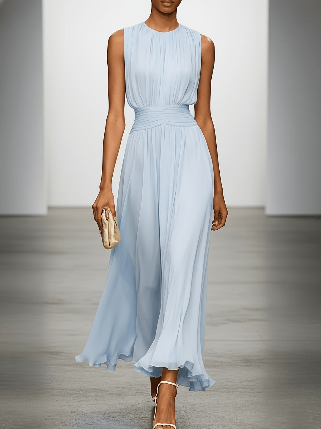 Sleeveless pleated maxi dress for wedding guests. Features a stylish ruched waist & elegant summer style.