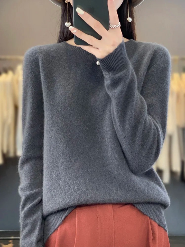 Womens clothing: soft round neck knit sweater. Versatile elegant top for fall & winter style.