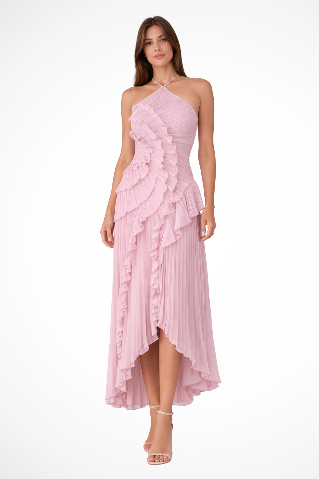 Women's elegant ruffled halter maxi dress for summer wedding guests. Sleeveless & backless design.