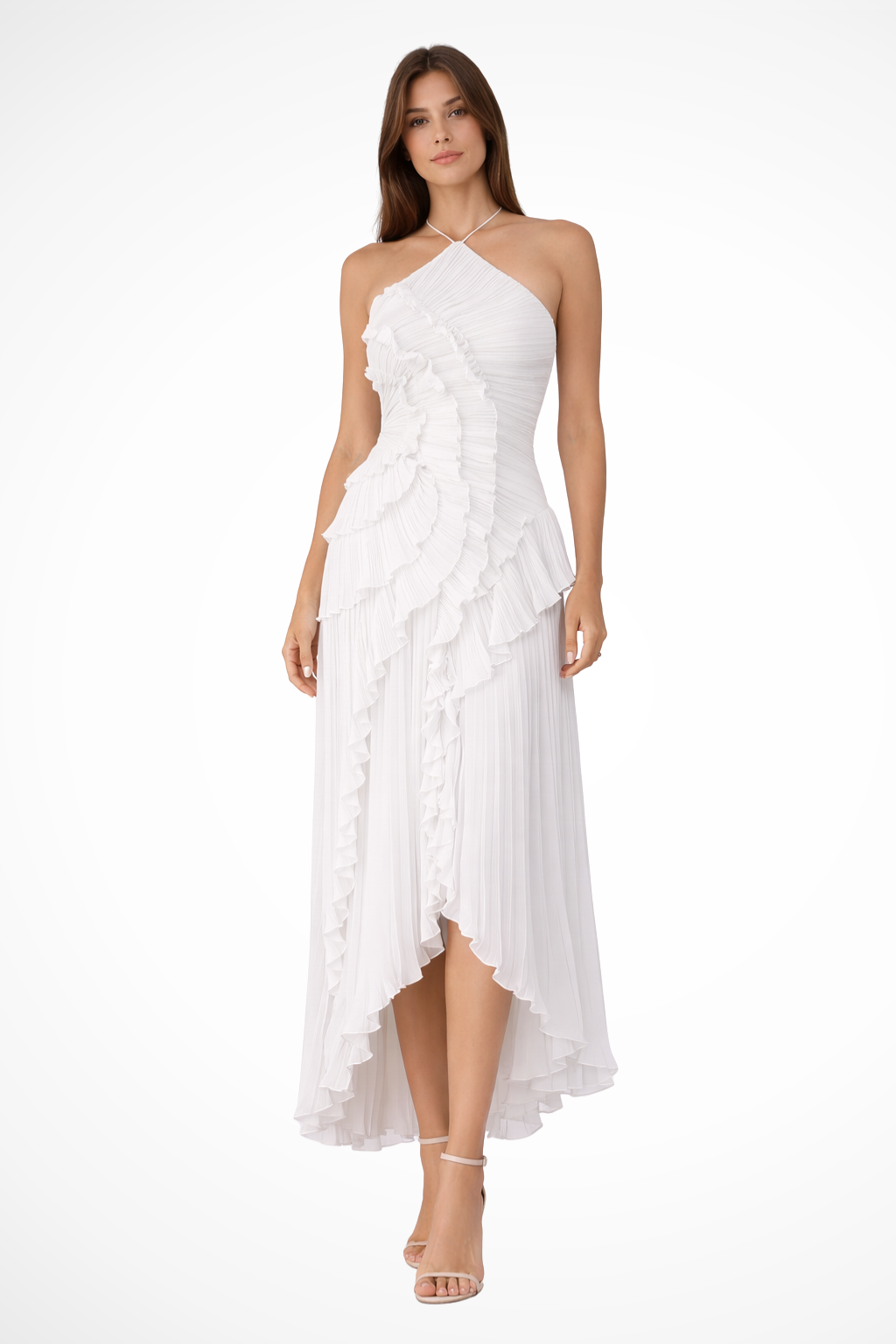 Backless ruffled halter maxi dress. Chic sleeveless design for women's summer wedding guest outfits.