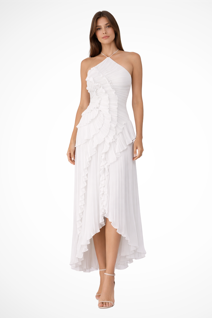 Backless ruffled halter maxi dress. Chic sleeveless design for women's summer wedding guest outfits.