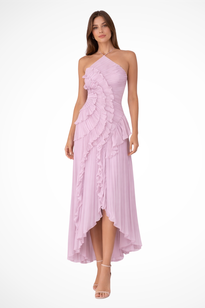 Elegant women's pleated halter maxi dress with ruffles & asymmetric hem. Ideal for summer occasions.