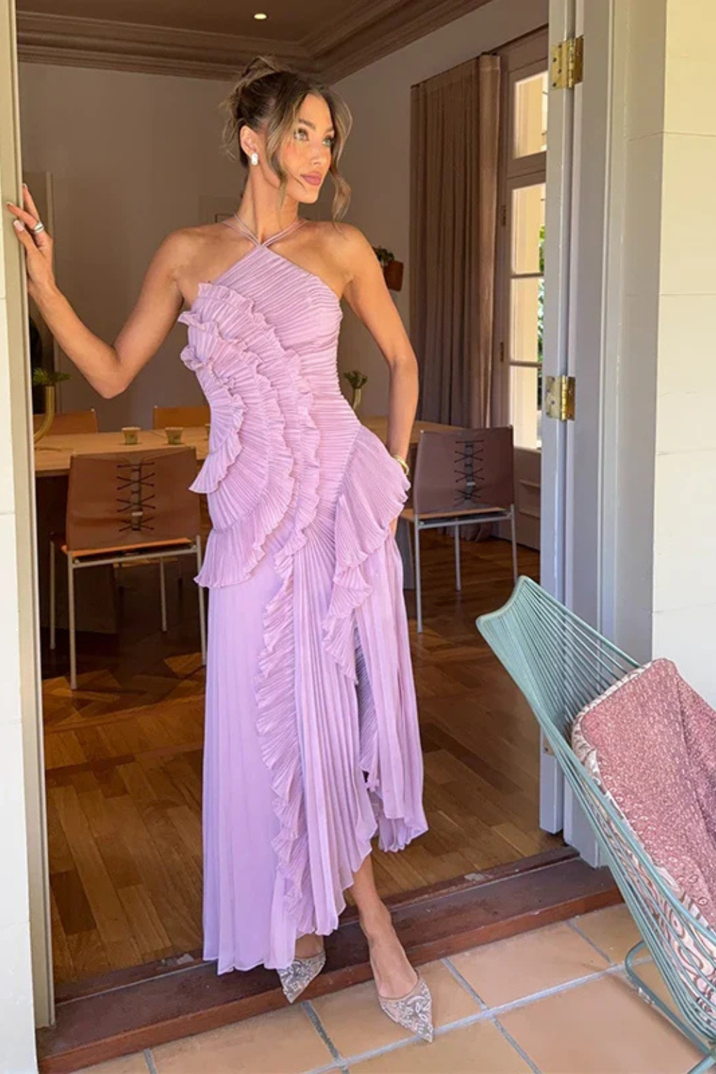 Sleeveless ruffled halter maxi dress, perfect for women's summer parties & wedding guest attire.