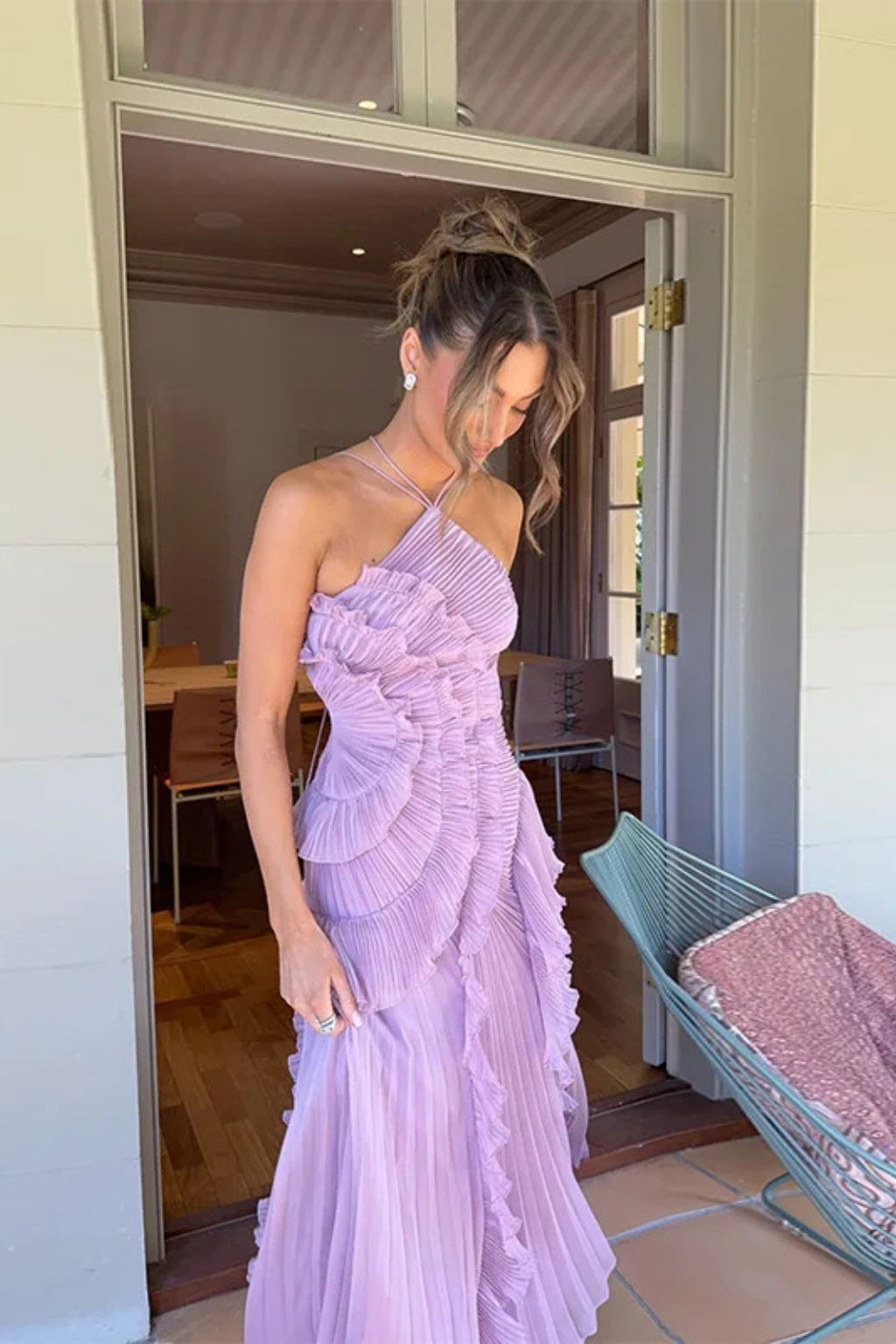 Pleated ruffled halter maxi dress for women. Elegant backless summer dress, perfect for special events.