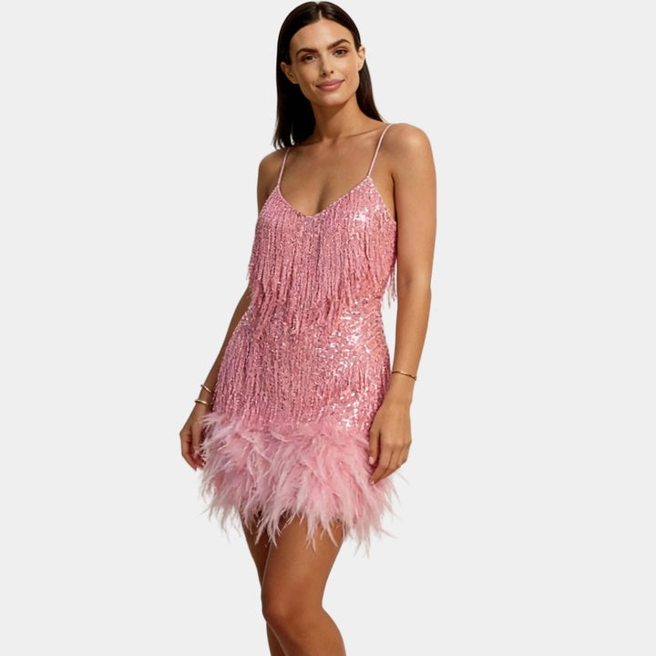 Chic women's sequin feather mini party dress, an eye-catching design for special evening events.