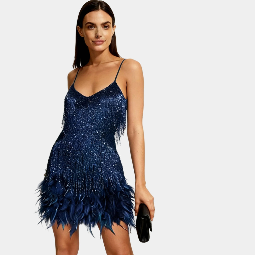 Dazzling women's sequin mini party dress featuring luxurious feather trim, perfect for night outs.
