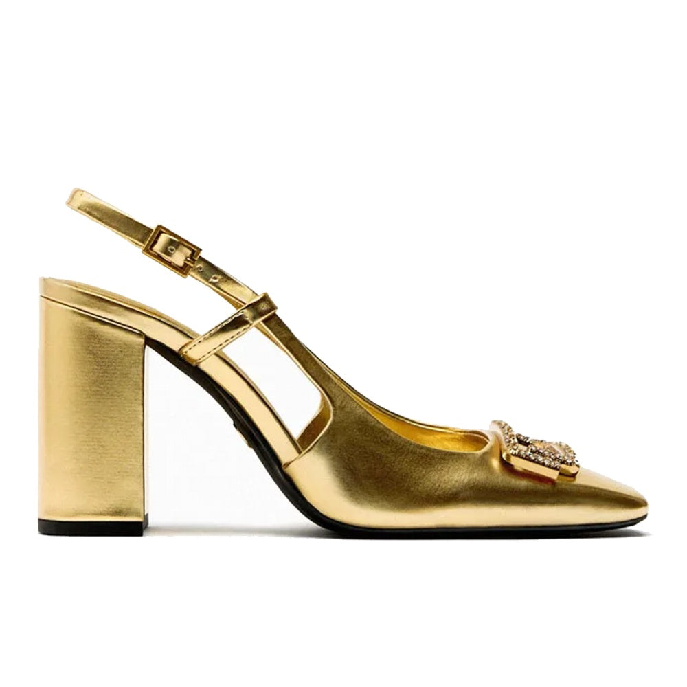 Stylish women's slingback heels featuring a comfortable block heel adorned with sparkling rhinestones.