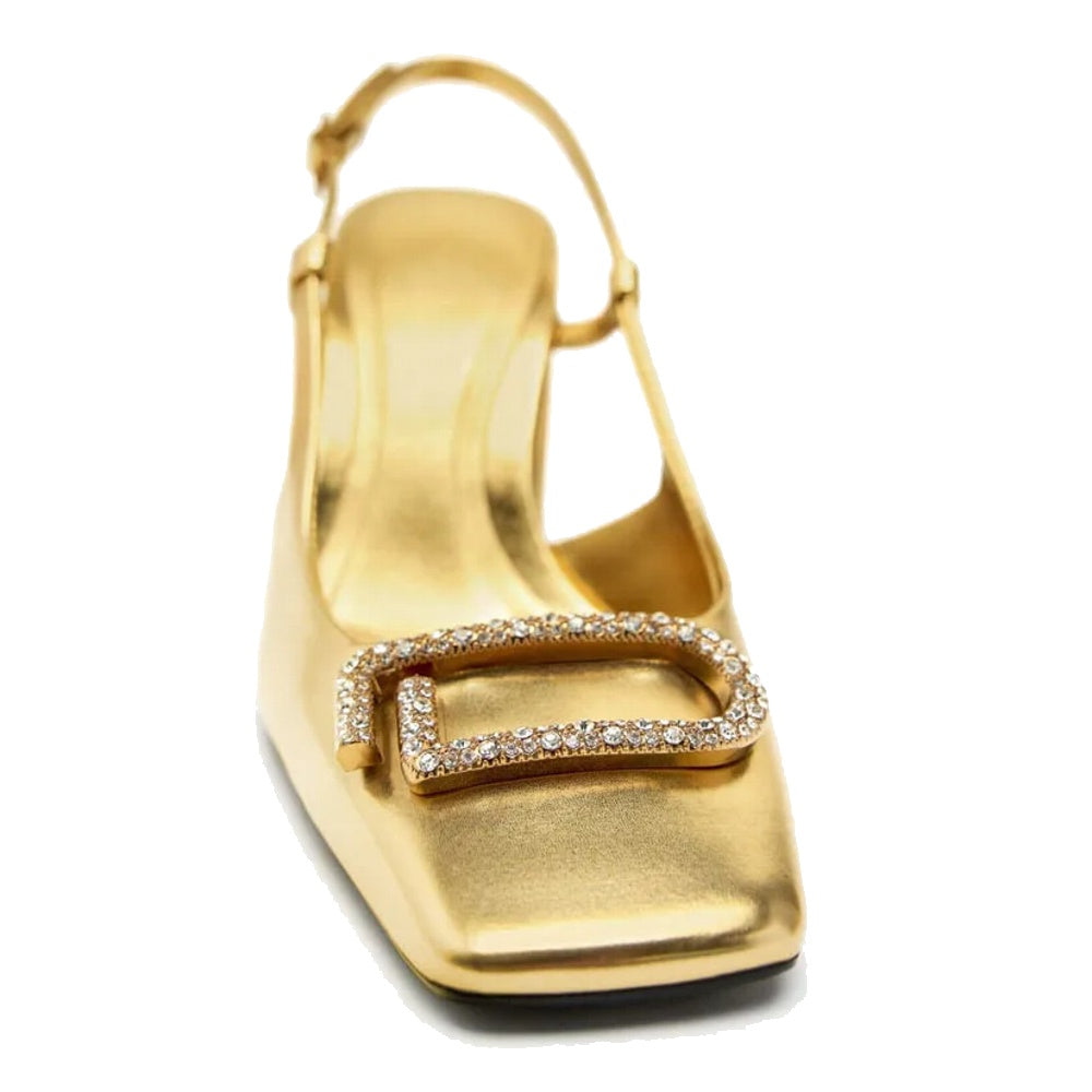 Chic women's party slingback heels with sturdy rhinestone block heel, ideal for office or elegant events.