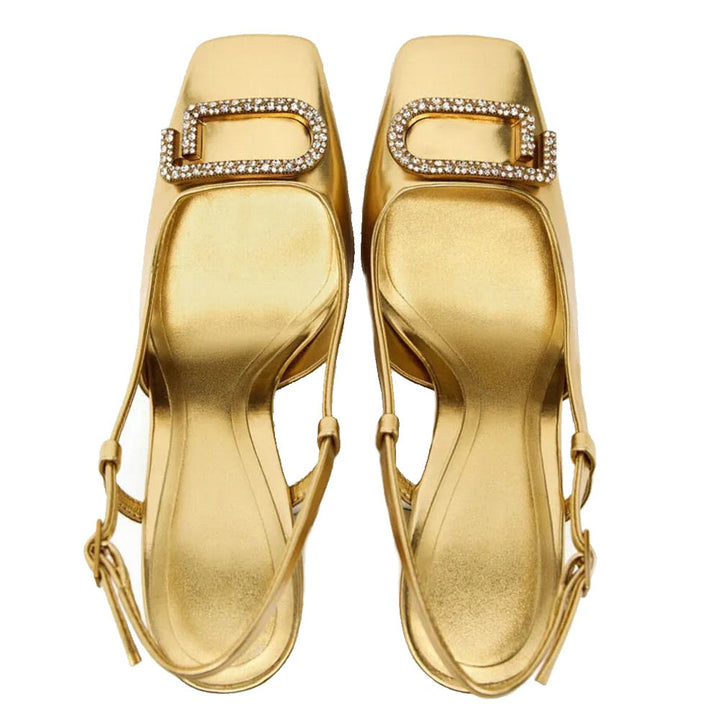Fashionable women's slingback high heels with unique rhinestone block heel, great for sophisticated looks.