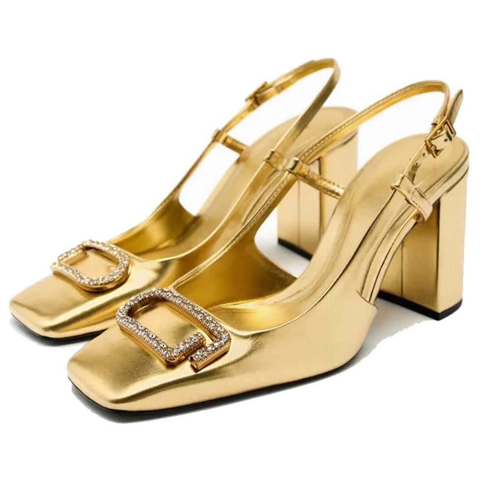 Elegant women's slingback shoes, high heels with rhinestone embellished block heel, versatile fashion footwear.