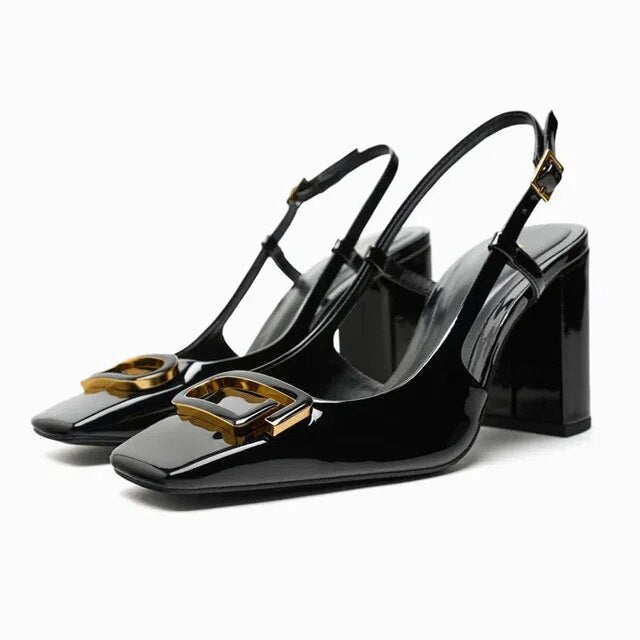 Women's high-fashion slingback heels, featuring a shimmering rhinestone block heel and elegant design.