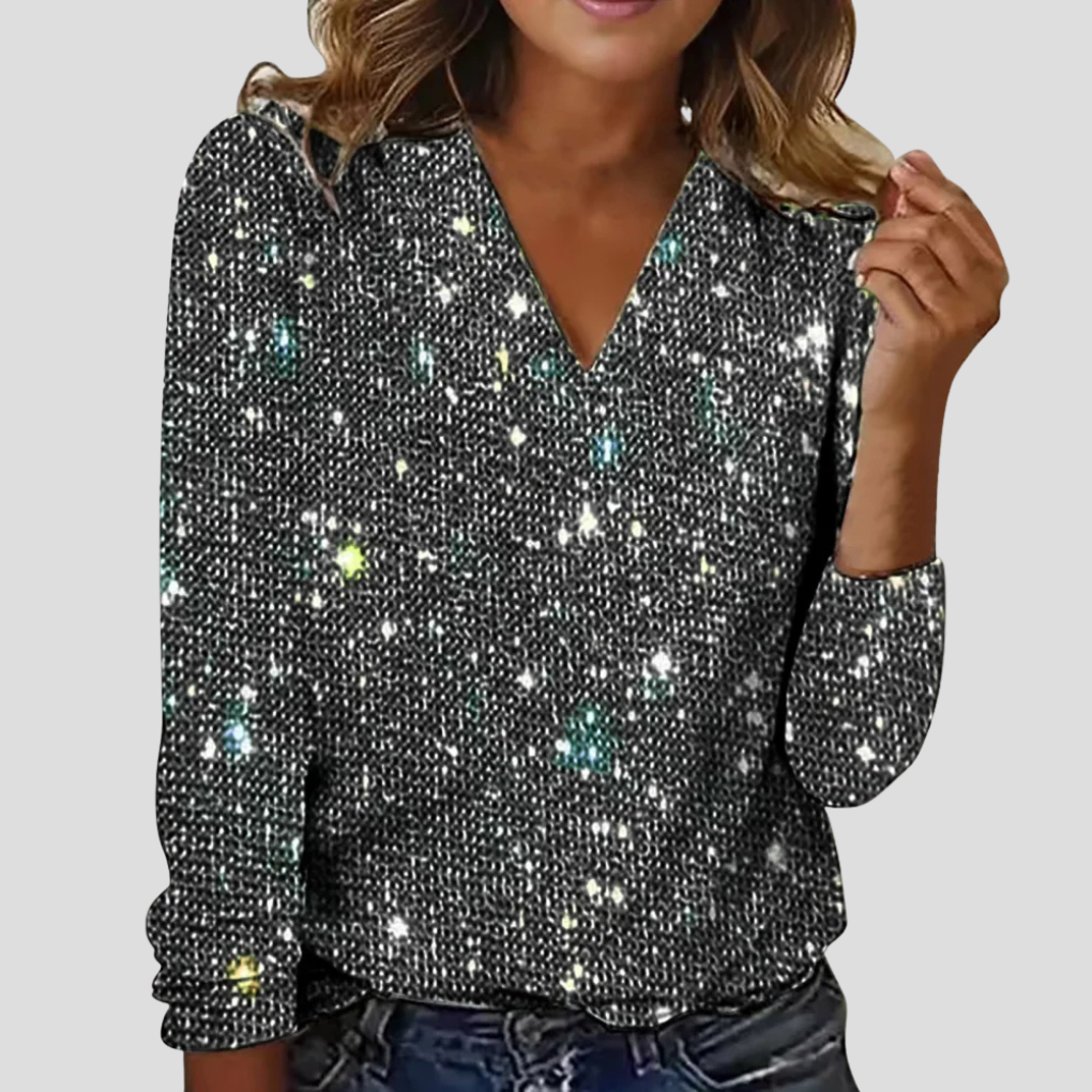 Women's elegant V-neck glitter blouse with long sleeves, perfect for party wear & festive outfits.