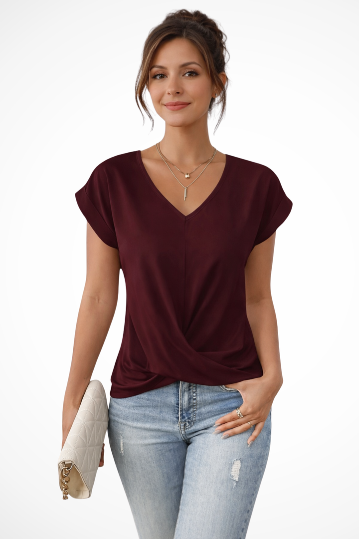 Women's elegant V-neck twist hem short sleeve top, perfect for going out or casual wear.