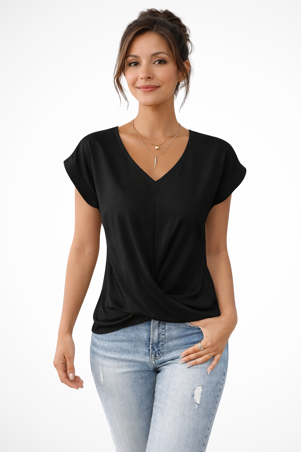Flattering V-neck twist hem short sleeve blouse, a chic addition to any women's wardrobe.