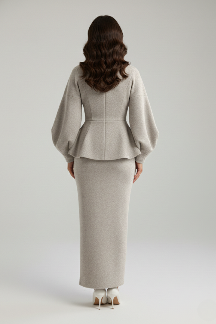 Women's stylish co-ord skirt suit set in white, with puff sleeve blazer and midi skirt, perfect for chic workwear.