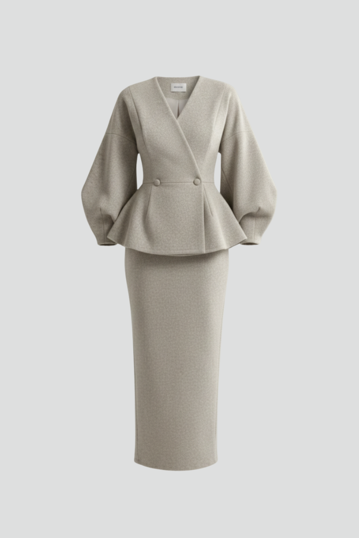Grey women's elegant skirt suit set, a perfect puff sleeve blazer and midi skirt co-ord for formal events.