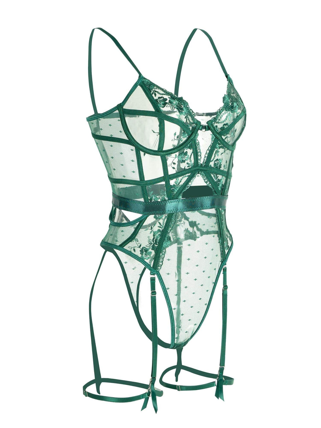 Elegant women's emerald lace bodysuit with underwire, delicate floral patterns, perfect for nightwear & fashion.