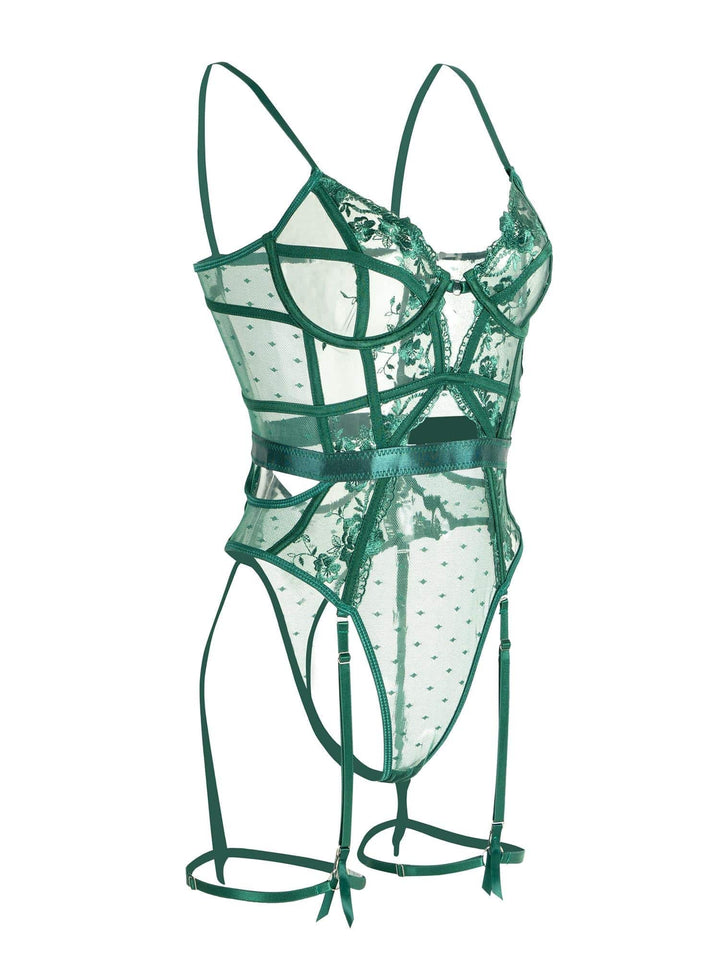 Elegant women's emerald lace bodysuit with underwire, delicate floral patterns, perfect for nightwear & fashion.