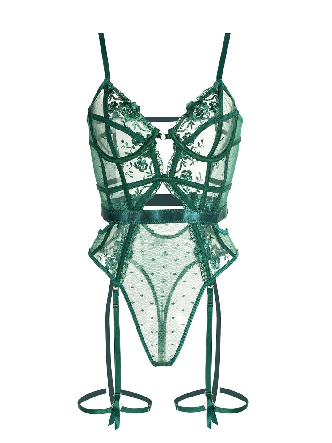 New emerald green lace bodysuit for women, offering supportive underwire & adjustable fit for intimates.