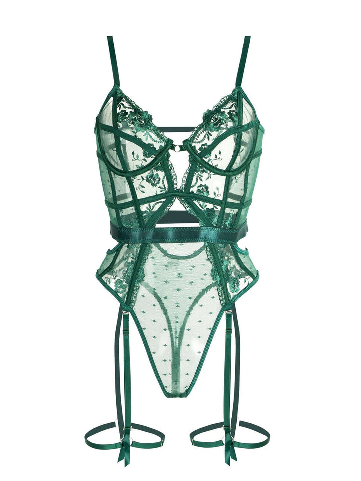 New emerald green lace bodysuit for women, offering supportive underwire & adjustable fit for intimates.