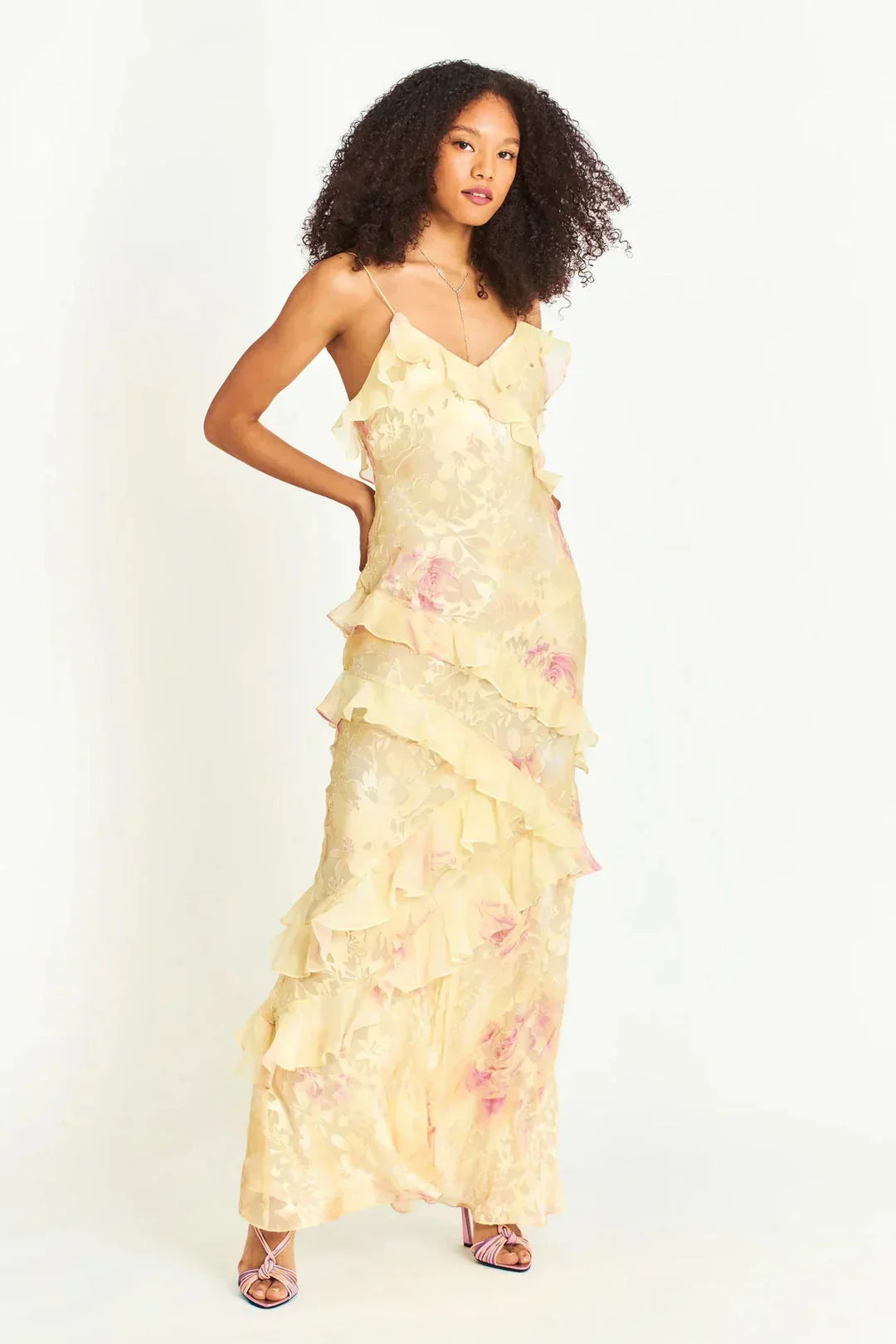 Flowy women's pastel ruffle maxi dress. An elegant summer evening gown, ideal for special occasion parties.